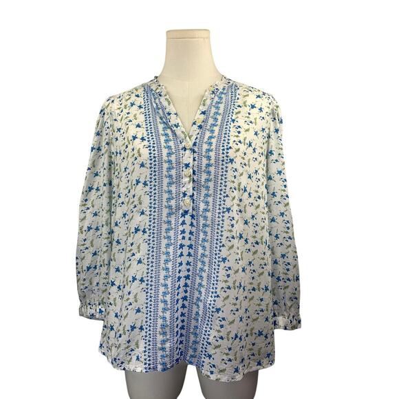 Women’s Lucky Brand white blue floral boho peasant top NWT Sz L - Picture 1 of 9